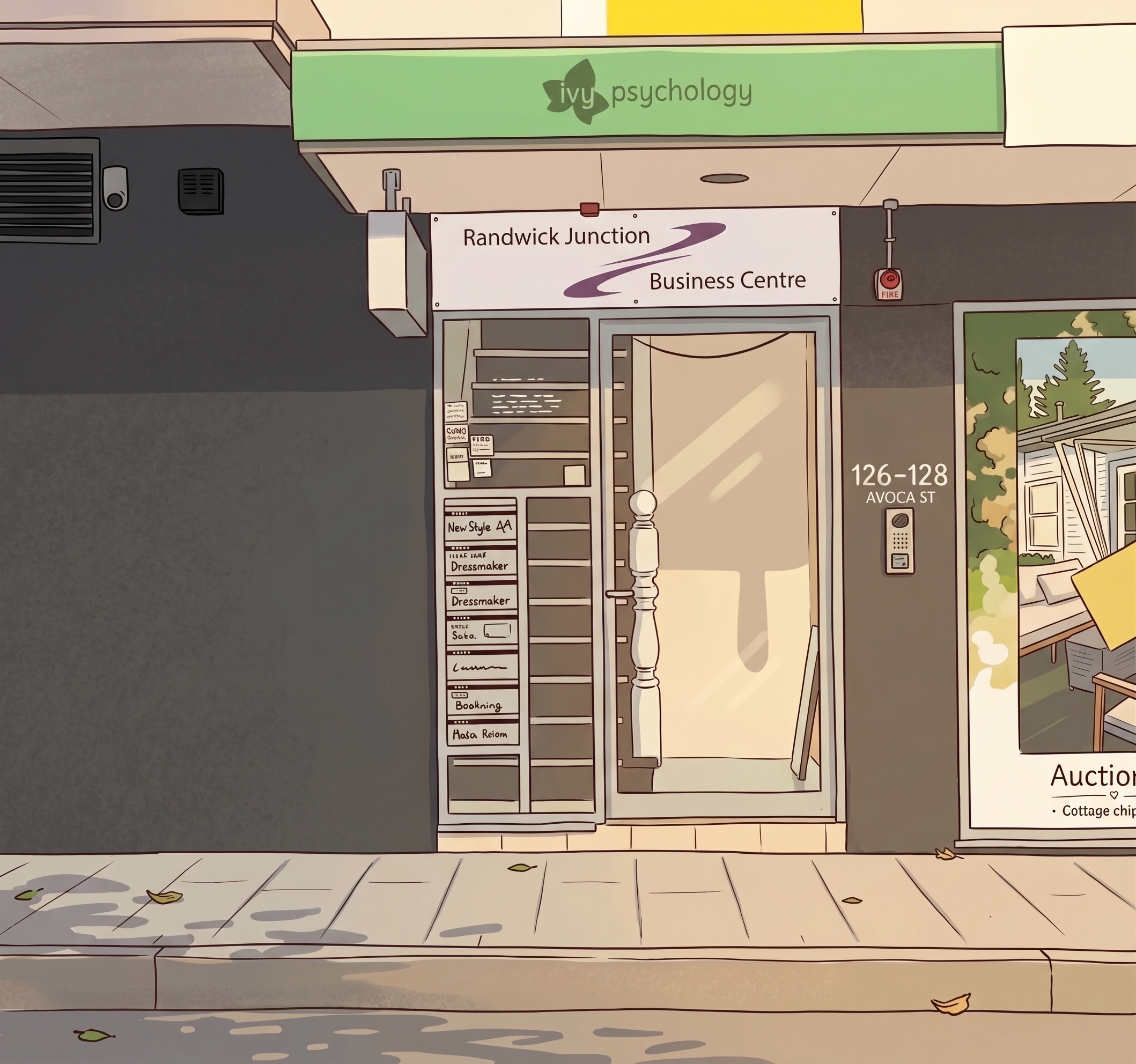 The entrance to Ivy Psychology. There is a green sign above the door.